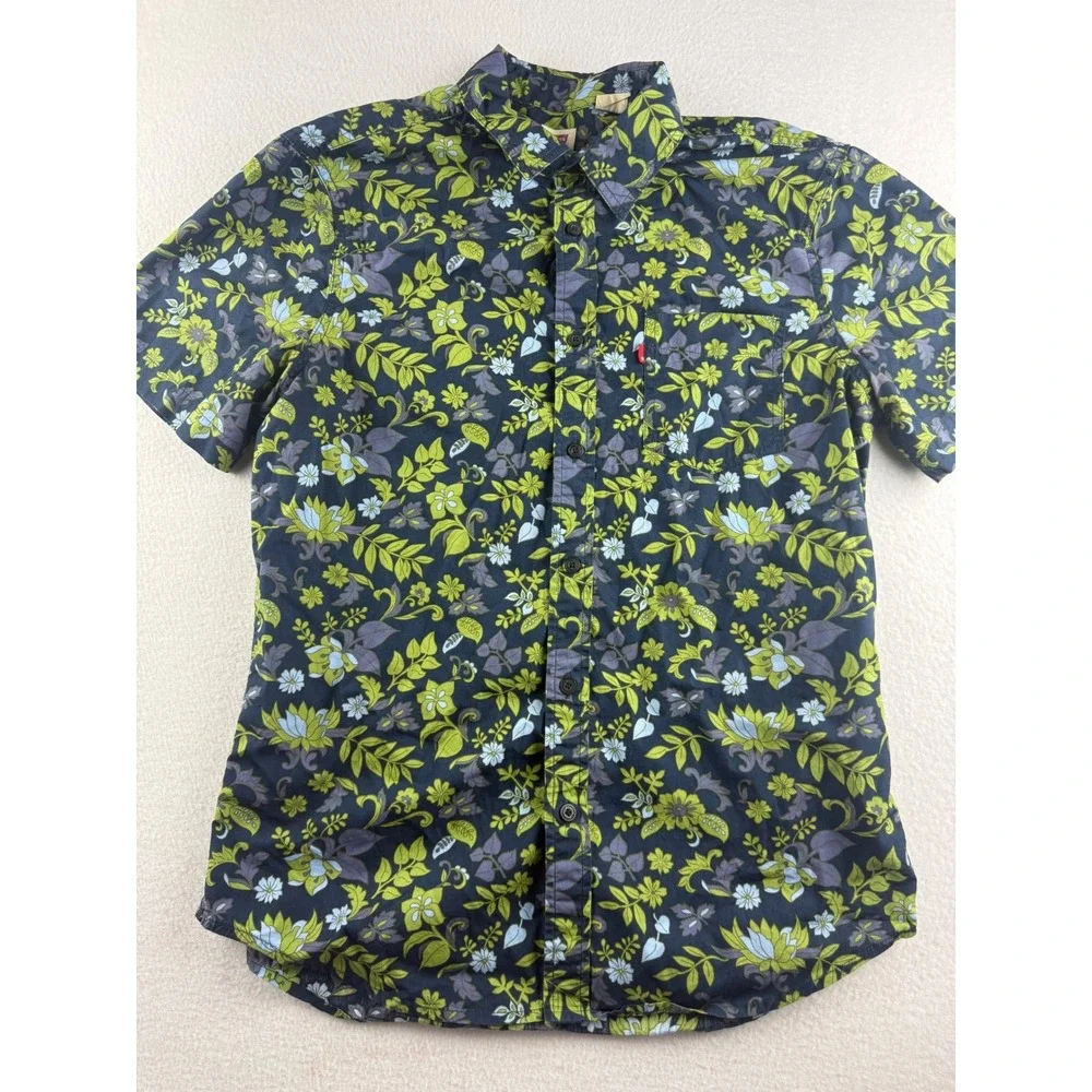 Levi's Mens Floral Button Down Shirt Navy Green Short Sleeve Cotton Medium